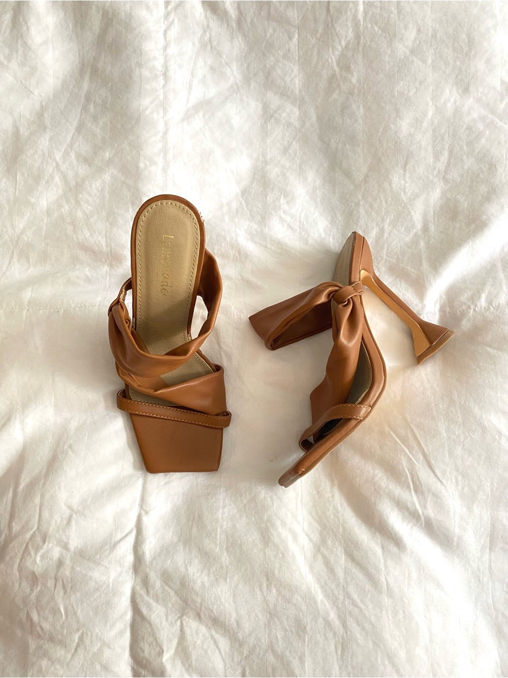 Miss Lola Brown Square-Toe Knot Mule Heels